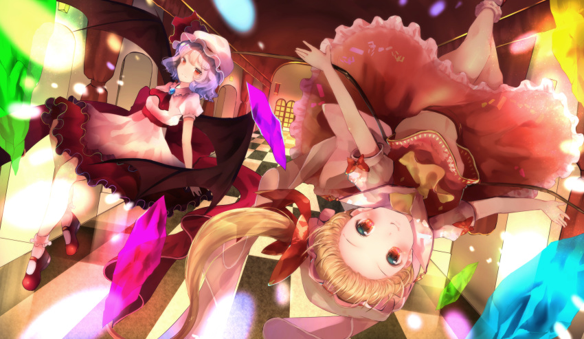 2girls arch arm_at_side arms_at_sides bangs bat_wings blush bow brooch ceiling checkered checkered_floor closed_mouth cravat crystal curtains flandre_scarlet flying frills hair_bow hat highres indoors jewelry looking_at_viewer mary_janes mob_cap multiple_girls navel negimapurinn puffy_short_sleeves puffy_sleeves purple_hair red_bow red_eyes red_shoes red_skirt red_vest remilia_scarlet sash shirt shirt_lift shoes short_sleeves siblings side_ponytail sisters skirt skirt_set smile socks stomach touhou upside-down white_hat white_legwear white_shirt wings