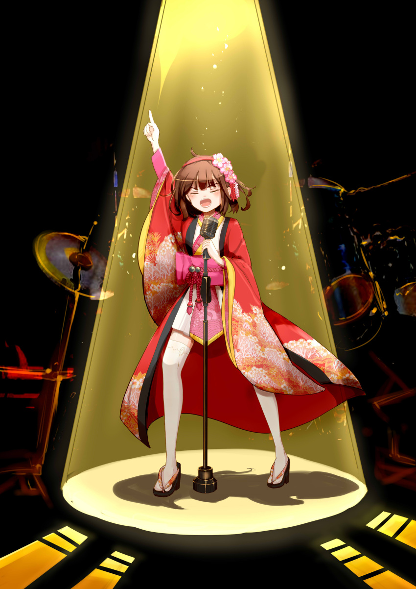 1girl absurdres closed_eyes flower hair_flower hair_ornament hairband highres japanese_clothes kimono microphone microphone_stand ming_qi_bibi obi open_mouth over-kneehighs pointing pointing_up pose sandals sash saturday_night_fever short_kimono singing solo stage_lights suzumiya_haruhi suzumiya_haruhi_no_yuuutsu thigh-highs white_legwear wide_sleeves