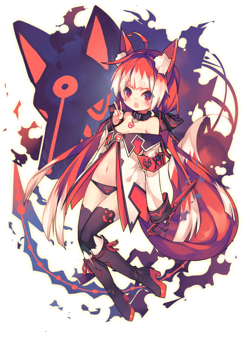 1girl absurdres ahoge animal_ears armband bare_shoulders black_legwear black_panties boots character_request coat collar copyright_request dagger fox_ears highres knee_boots long_hair low_twintails navel off_shoulder open_clothes open_coat open_mouth panties print_panties red_eyes redhead ribbon small_breasts smile solo tail thigh-highs thigh_gap twintails underwear utm v very_long_hair weapon