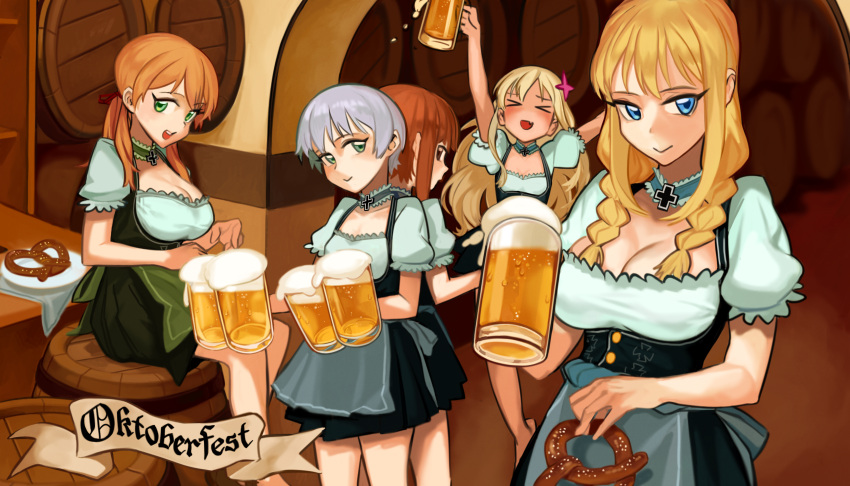 &gt;_&lt; 5girls :d absurdres alcohol apron arms_up back-to-back bangs barrel beer beer_mug bismarck_(kantai_collection) blonde_hair blue_eyes blush braid breasts brown_hair choker cleavage closed_eyes closed_mouth dirndl dress drunk fang german_clothes gom_(kooskoo) green_eyes hair_ornament highres holding_cup holding_food indoors iron_cross kantai_collection large_breasts long_hair looking_at_viewer multiple_girls oktoberfest open_mouth orange_hair plate pretzel prinz_eugen_(kantai_collection) puffy_short_sleeves puffy_sleeves ro-500_(kantai_collection) short_hair short_sleeves silver_hair sitting smile spill standing table twin_braids twintails underbust waist_apron z1_leberecht_maass_(kantai_collection) z3_max_schultz_(kantai_collection)