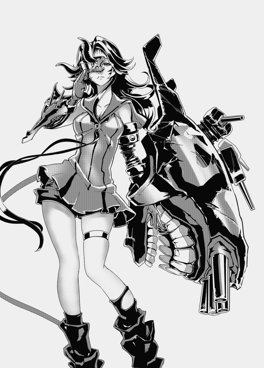 1girl bangs bare_shoulders blindfold boots breasts cannon cleavage doomfest dress elbow_gloves gloves highres horns kantai_collection light_cruiser_hime long_hair looking_at_viewer mask open_mouth parted_bangs removing_mask shinkaisei-kan skindentation solo standing teeth thigh_strap thighs turret