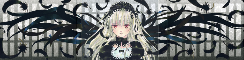 1girl absurdres bangs black_wings dress feathered_wings feathers frills gothic_lolita hairband highres lolita_fashion lolita_hairband long_image looking_at_viewer official_art peach-pit rozen_maiden scan serious silver_hair solo suigintou wide_image wings