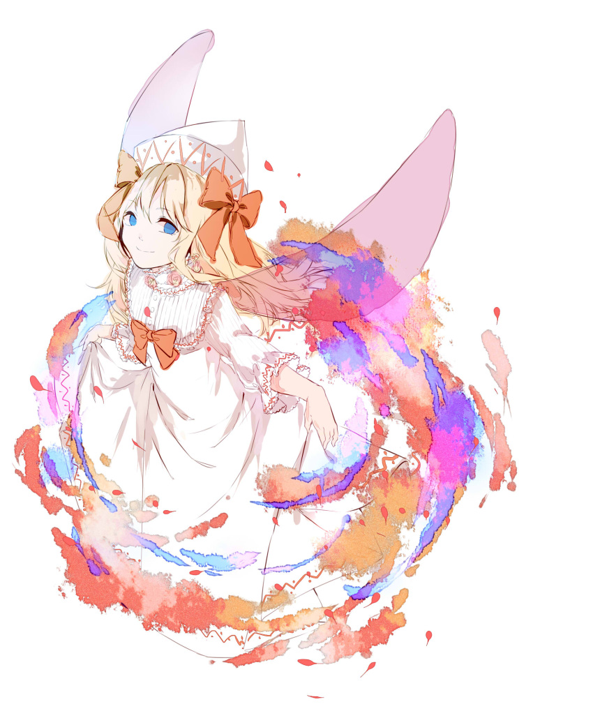 1girl blonde_hair blue_eyes bow collar dress_grab fairy_wings frilled_collar frilled_sleeves frills hair_bow hat highres kagari6496 lily_white long_hair long_sleeves looking_at_viewer looking_to_the_side simple_background sketch smile solo touhou white_background white_hat wings