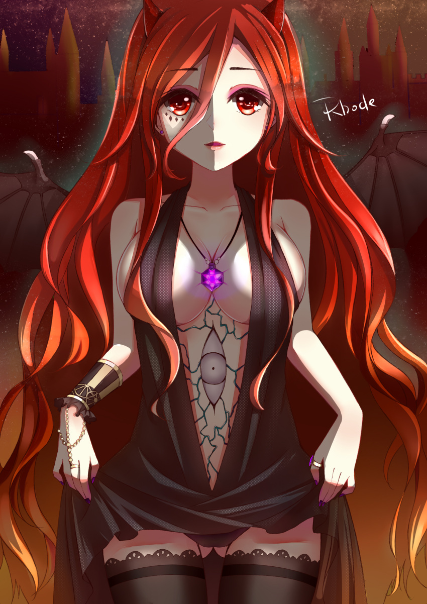 1girl absurdres artist_name ass_visible_through_thighs bat_wings breasts character_request cleavage demon_girl dress dress_lift highres horns jewelry long_hair nail_polish necklace original red_eyes redhead rhode solo thigh-highs thumb_ring wings