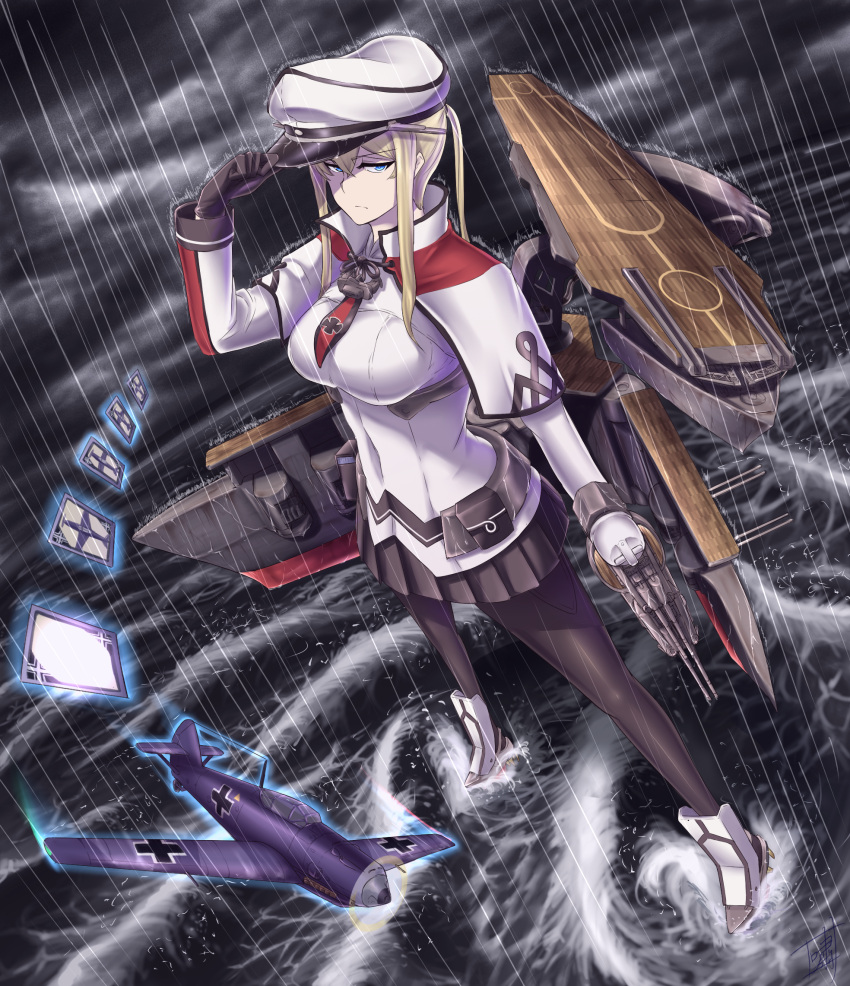 1girl airplane anchor_choker arm_cannon arm_up black_gloves black_legwear black_ribbon black_skirt blonde_hair blue_eyes breasts cannon capelet card closed_mouth clouds cloudy_sky expressionless flight_deck flying full_body gloves glowing graf_zeppelin_(kantai_collection) half-closed_eyes hat highres iron_cross kantai_collection large_breasts long_hair looking_at_viewer machinery miniskirt motion_blur necktie ocean outdoors pantyhose peaked_cap pleated_skirt propeller rain red_necktie ribbon shaded_face shao_(newton) shirt sidelocks single_glove skirt sky solo splashing standing standing_on_liquid turret twintails underbust water weapon white_hat white_shirt