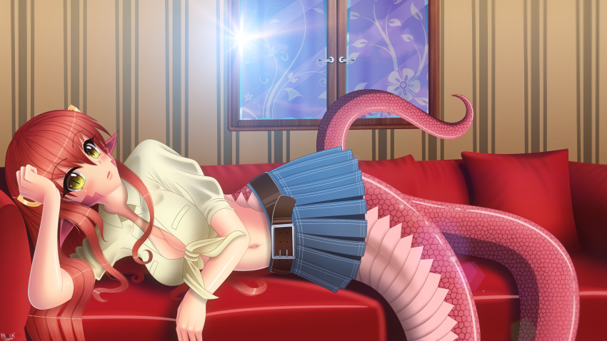 1girl absurdres belt blacksaikou blush breasts casual cleavage couch head_rest highres lamia long_hair looking_at_viewer lying miia_(monster_musume) monster_girl monster_musume_no_iru_nichijou navel on_side parted_lips pillow pointy_ears redhead scales shirt skirt slit_pupils solo tied_shirt window yellow_eyes