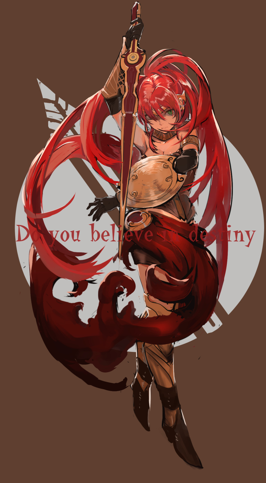 1girl armlet armor bare_shoulders black_gloves boots brown_background buckler elbow_gloves english forehead_protector gloves gorget greaves green_eyes hair_over_eyes high_heel_boots high_heels highres long_hair nuda pyrrha_nikos redhead rwby sarong shield solo sword symbol vambraces very_long_hair weapon