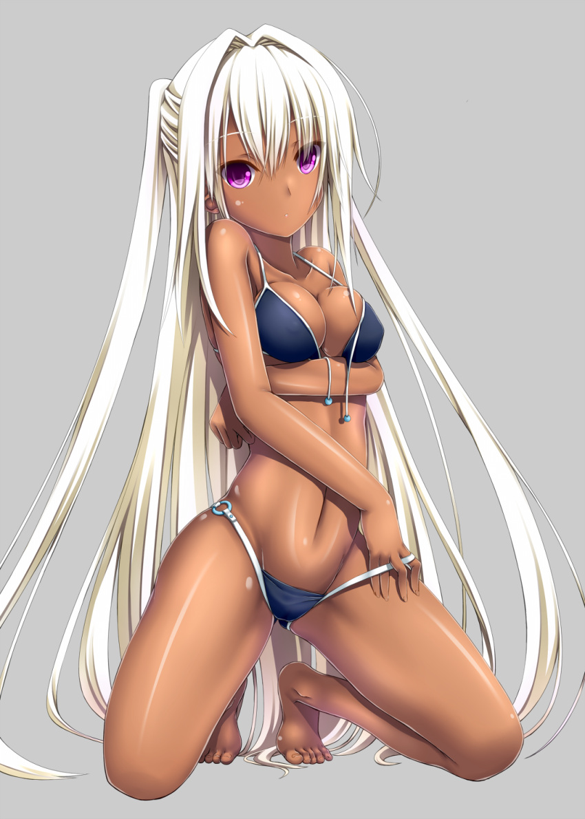 1girl bikini dark_skin highres kneeling long_hair original shouyan swimsuit violet_eyes white_hair
