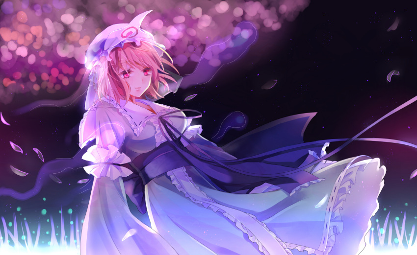 1girl backlighting breasts cherry_blossoms collar floating frilled_collar frills glowing grass hat highres hitodama japanese_clothes kimono light_particles long_sleeves looking_afar mob_cap ni_you night night_sky obi open_mouth petals pink_eyes pink_hair ribbon ribbon-trimmed_clothes ribbon-trimmed_collar ribbon_trim saigyouji_yuyuko sash short_hair sky smile solo star_(sky) starry_sky touhou triangular_headpiece veil wind