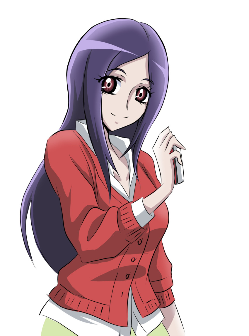 absurdres alternate_hairstyle arudebido cardigan cellphone collarbone eyelashes fresh_precure! higashi_setsuna highres holding_phone long_hair official_style older phone popped_collar precure purple_hair simple_background smile violet_eyes white_background