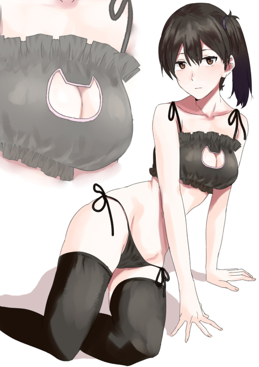1girl alternate_costume bare_shoulders black_legwear breasts brown_eyes brown_hair cat_lingerie cleavage cleavage_cutout collarbone ears expressionless hair_between_eyes highres kaga_(kantai_collection) kantai_collection ogros side_ponytail sitting solo thigh-highs yokozuwari zoom_layer