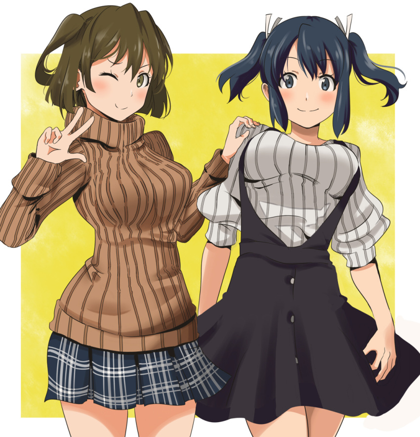 2girls ;) alternate_costume blue_eyes blue_hair blush breasts brown_eyes brown_hair buttons casual dress hand_on_another's_shoulder hiryuu_(kantai_collection) kantai_collection large_breasts long_hair long_sleeves looking_at_viewer multiple_girls okuba one_eye_closed one_side_up ribbed_sweater short_hair skirt sleeveless sleeveless_dress smile souryuu_(kantai_collection) sweater turtleneck turtleneck_sweater twintails