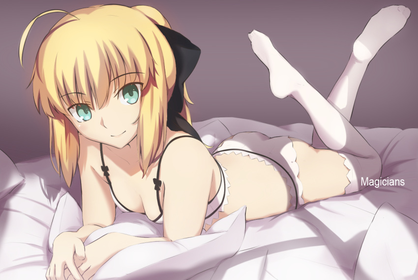 1girl ahoge aqua_eyes artist_name ass black_bow blonde_hair bow bra breasts cleavage closed_mouth eyebrows eyebrows_visible_through_hair fate/grand_order fate_(series) hair_bow long_hair looking_at_viewer lying magicians_(zhkahogigzkh) no_shoes on_bed on_stomach panties pillow ponytail saber saber_lily see-through smile solo underwear underwear_only veil white_bra white_legwear white_panties window_shade