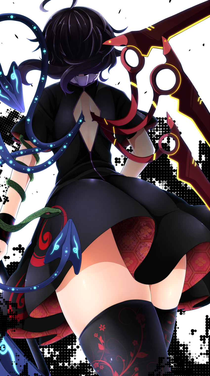 1girl asymmetrical_wings back back_cutout black_dress black_hair black_legwear cowboy_shot dress floral_print from_behind highres houjuu_nue rihito_(usazukin) short_sleeves simple_background snake solo standing thigh-highs touhou white_background wings