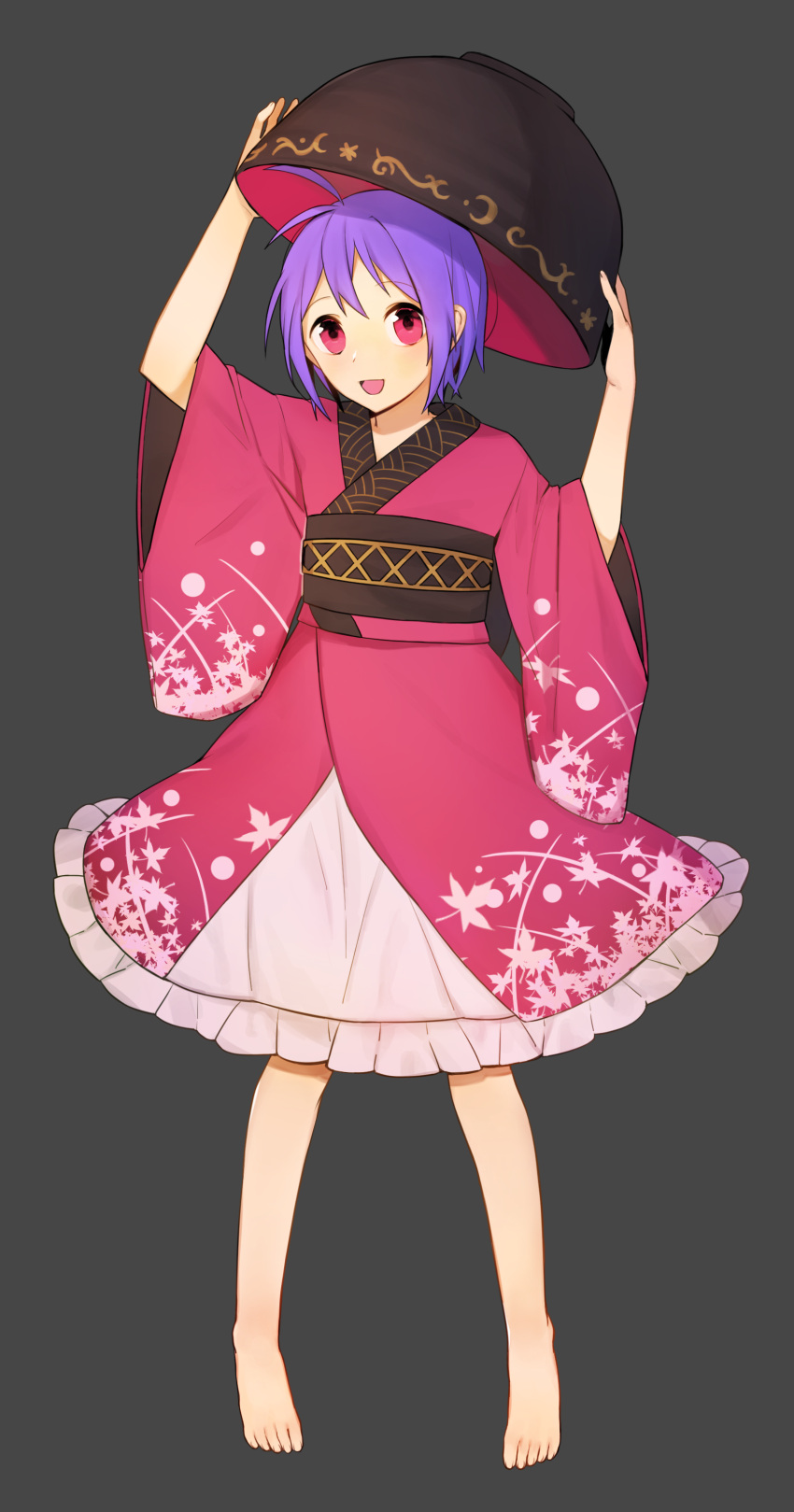 1girl absurdres arms_up barefoot blush bowl bowl_hat full_body grey_background hat highres japanese_clothes kimono long_sleeves looking_at_viewer obi open_mouth purple_hair red_eyes ribbon sash short_hair simple_background sisi:shishi smile solo sukuna_shinmyoumaru touhou wide_sleeves