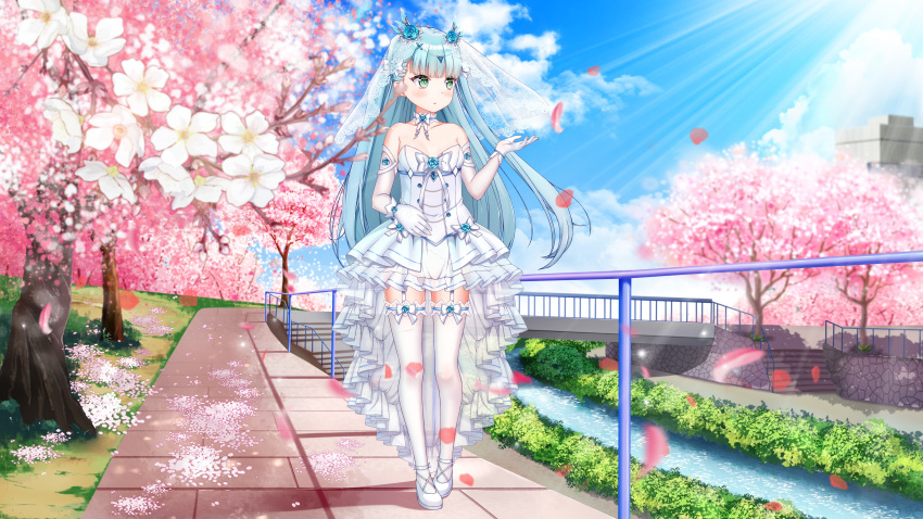 1girl absurdres aoki_hagane_no_arpeggio bare_shoulders blue_flower blue_hair blue_rose blue_sky blush bow bowtie bridge cherry_blossoms chinese_commentary choker clouds collarbone commentary_request day dress flower garter_straps gloves green_eyes hair_flower hair_ornament highres hug hug_from_behind iona long_hair looking_to_the_side outdoors outside_border petals railing rose scenery sky solo stairs standing strapless strapless_dress thigh-highs thighs tree tsukiko_tsubame very_long_hair walkway water white_dress white_footwear white_gloves white_thighhighs zettai_ryouiki