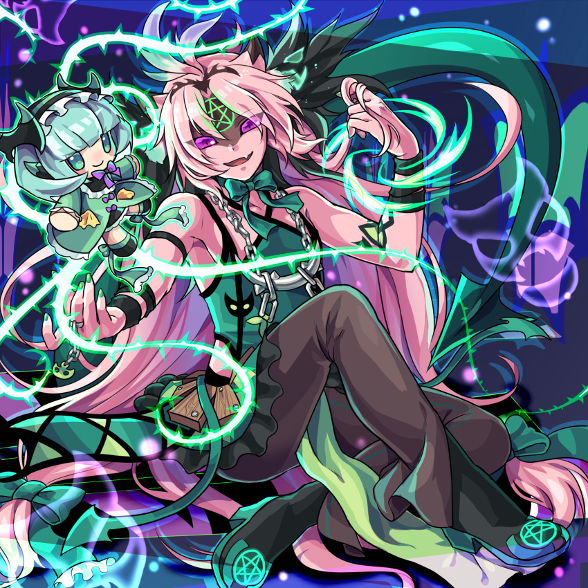 1boy astaroth_(p&amp;d) bare_shoulders bow cauchemar_(p&amp;d) chain character_doll choker demon demon_horns demon_tail dress facial_mark fang forehead_mark green_dress green_hair green_nails hair_bow hairband highres horns jewelry kozakura_(dictionary) long_hair looking_at_viewer low-tied_long_hair nail_polish open_mouth outstretched_arm pentacle pink_hair puzzle_&amp;_dragons ribbon_choker ring shoes sitting slit_pupils solo tail thorns very_long_hair violet_eyes