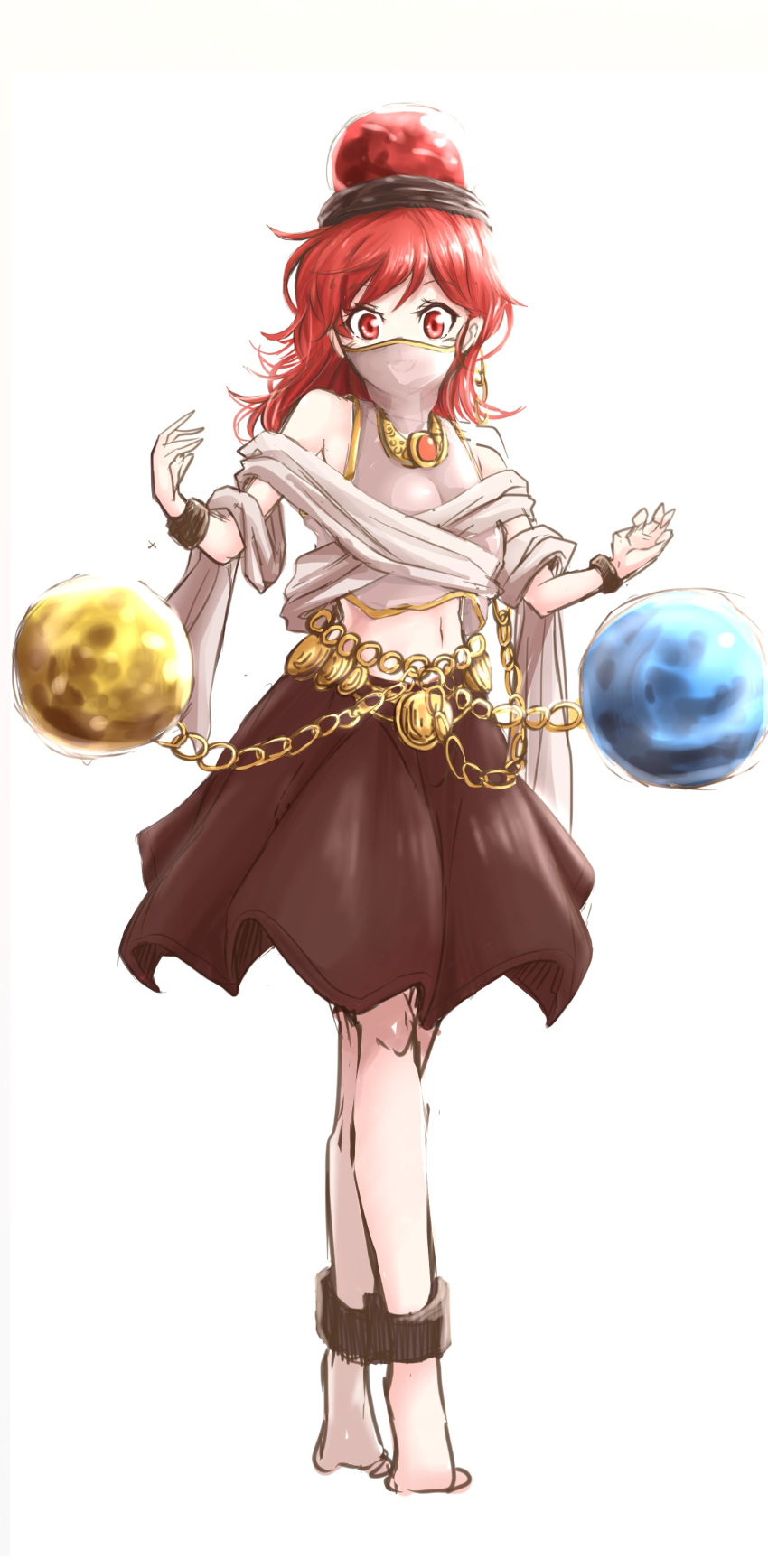 1girl absurdres alternate_costume ankleband arabian_clothes bare_shoulders belt black_skirt breasts crop_top darjeeling_(reley) earth_(ornament) full_body hands_up hat hecatia_lapislazuli highres jewelry long_hair looking_at_viewer midriff moon_(ornament) necklace open_mouth red_eyes redhead see-through shawl shirt simple_background sketch skirt sleeveless sleeveless_shirt smile solo touhou veil white_background wristband