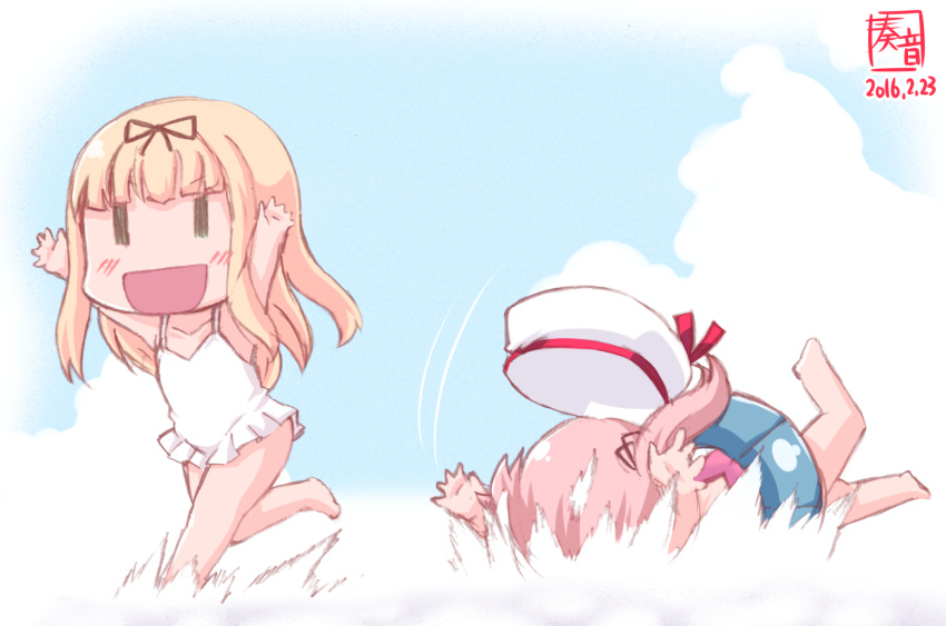 2girls :d arms_up barefoot beret black_ribbon blonde_hair blue_sky blush chibi clouds commentary_request dated falling hair_ribbon harusame_(kantai_collection) hat highres innertube kanon_(kurogane_knights) kantai_collection long_hair multiple_girls one-piece_swimsuit open_hands open_mouth pink_hair ribbon running side_ponytail sky smile straight_hair swimsuit white_swimsuit wide_face yuudachi_(kantai_collection) |_|
