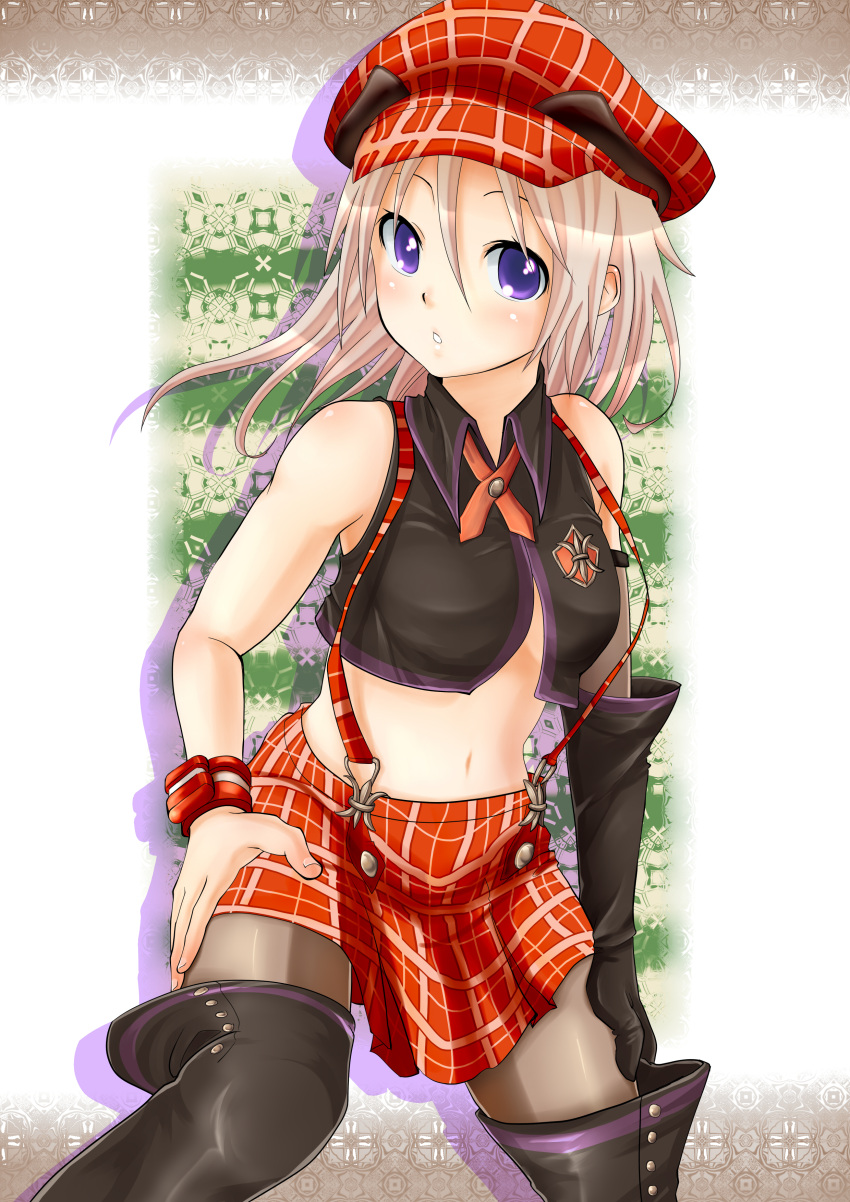 1girl absurdres alisa_ilinichina_amiella blue_eyes boots breasts cabbie_hat close-up elbow_gloves fingerless_gloves gloves god_eater god_eater_burst hat highres long_hair pantyhose silver_hair skirt solo suspender_skirt suspenders thigh-highs thigh_boots