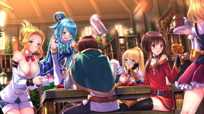 1boy 5girls :d alcohol aqua_(konosuba) back bangs bare_shoulders beer beer_mug belt black_gloves black_legwear blonde_hair blue_eyes blue_hair blue_legwear blue_skirt blush bow bowtie braid breasts brick_wall brown_hair ceiling cleavage closed_mouth collar cross-laced_clothes crystal darkness_(konosuba) detached_collar detached_sleeves dress drunk eyebrows eyebrows_visible_through_hair fingerless_gloves flat_chest folded_ponytail food food_on_face gem gloves hair_ornament hair_rings half_updo hand_on_own_cheek head_rest highres holding holding_cup holding_food kneeling kono_subarashii_sekai_ni_shukufuku_wo! lamp large_breasts leaning_forward long_hair looking_at_another luna_(konosuba) meal meat megumin multiple_girls off-shoulder_dress off_shoulder on_table open_mouth out_of_frame pants paper pauldrons plate pleated_skirt pointing ponytail railing red_bow red_bowtie red_eyes restaurant sash satou_kazuma short_dress short_hair_with_long_locks shorts sitting skirt smile sphere stairs swept_bangs swordsouls table thigh-highs tomato tray tree vegetable waitress walking wavy_mouth window wine_bottle wooden_table x_hair_ornament yellow_bow yellow_eyes