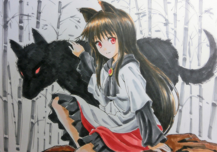 1girl animal animal_ears bamboo bamboo_forest beluo77 brooch brown_hair dress forest imaizumi_kagerou jewelry long_sleeves looking_at_viewer marker_(medium) nature red_eyes tail touhou traditional_media wide_sleeves wolf wolf_ears wolf_tail