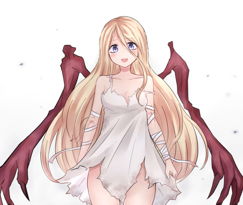 bandaged_arm bat_wings blonde_hair blue_eyes breasts camisole cleavage collarbone commentary_request convenient_censoring highres long_hair looking_at_viewer neit_ni_sei open_mouth original scar smile wind wind_lift wings