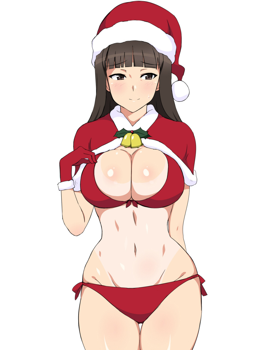 1girl bikini black_eyes black_hair christmas girls_und_panzer hat highres kagemusha long_hair nishizumi_shiho santa_hat shawl swimsuit tan tanline