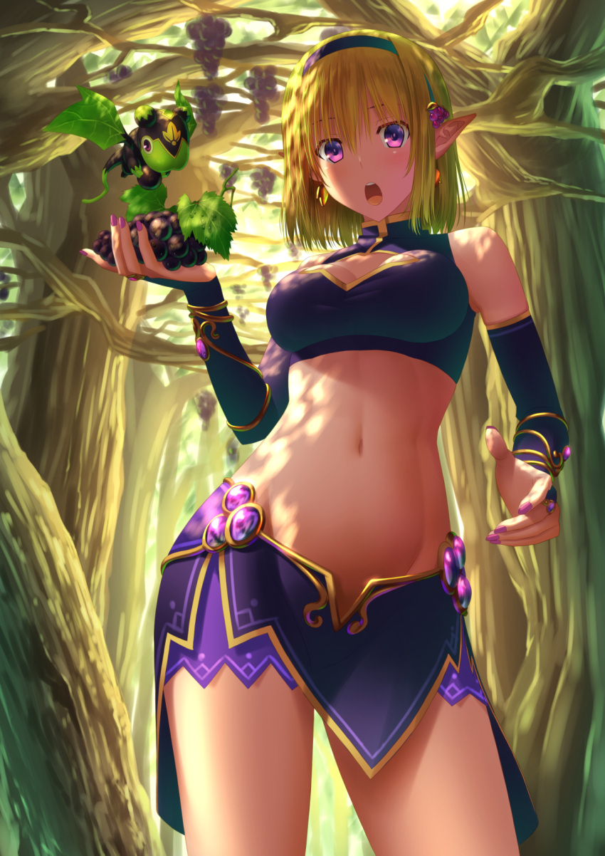1girl bangs blonde_hair breasts bridal_gauntlets cleavage_cutout cowboy_shot creature crop_top dappled_sunlight detached_sleeves earrings elf fantasy fingernails food food_themed_hair_ornament from_below fruit grape_hair_ornament grapes hair_ornament hairband highres holding holding_fruit jewelry leaf looking_at_viewer midriff miniskirt nail_polish navel open_mouth original outdoors plant pointy_ears purple_nails revealing_clothes revision short_hair skirt sleeveless solo sunlight t_thekey violet_eyes