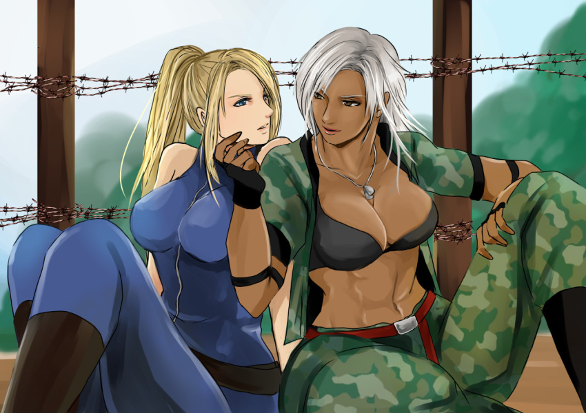 2girls abs black_bra blonde_hair blue_eyes bra breasts brown_eyes camouflage chin_grab cleavage dark_skin dog_tags fence fingerless_gloves full-length_zipper gloves hayame_(m_ayame) impossible_clothes lips long_hair multiple_girls navel open_clothes ponytail sarah_bryant silver_hair sitting toned underwear vanessa_lewis very_dark_skin virtua_fighter yuri zipper