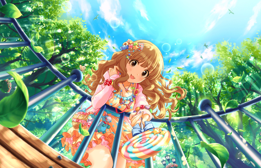 1girl artist_request bird blue_sky blush bracelet breasts brown_eyes brown_hair candy cleavage clouds collarbone dress dutch_angle falling_leaves food_themed_clothes from_below hair_ornament hairclip idolmaster idolmaster_cinderella_girls idolmaster_cinderella_girls_starlight_stage jewelry lollipop long_hair long_sleeves looking_at_viewer moroboshi_kirari necklace official_art open_mouth orange_dress outdoors railing sky smile solo sunlight tree