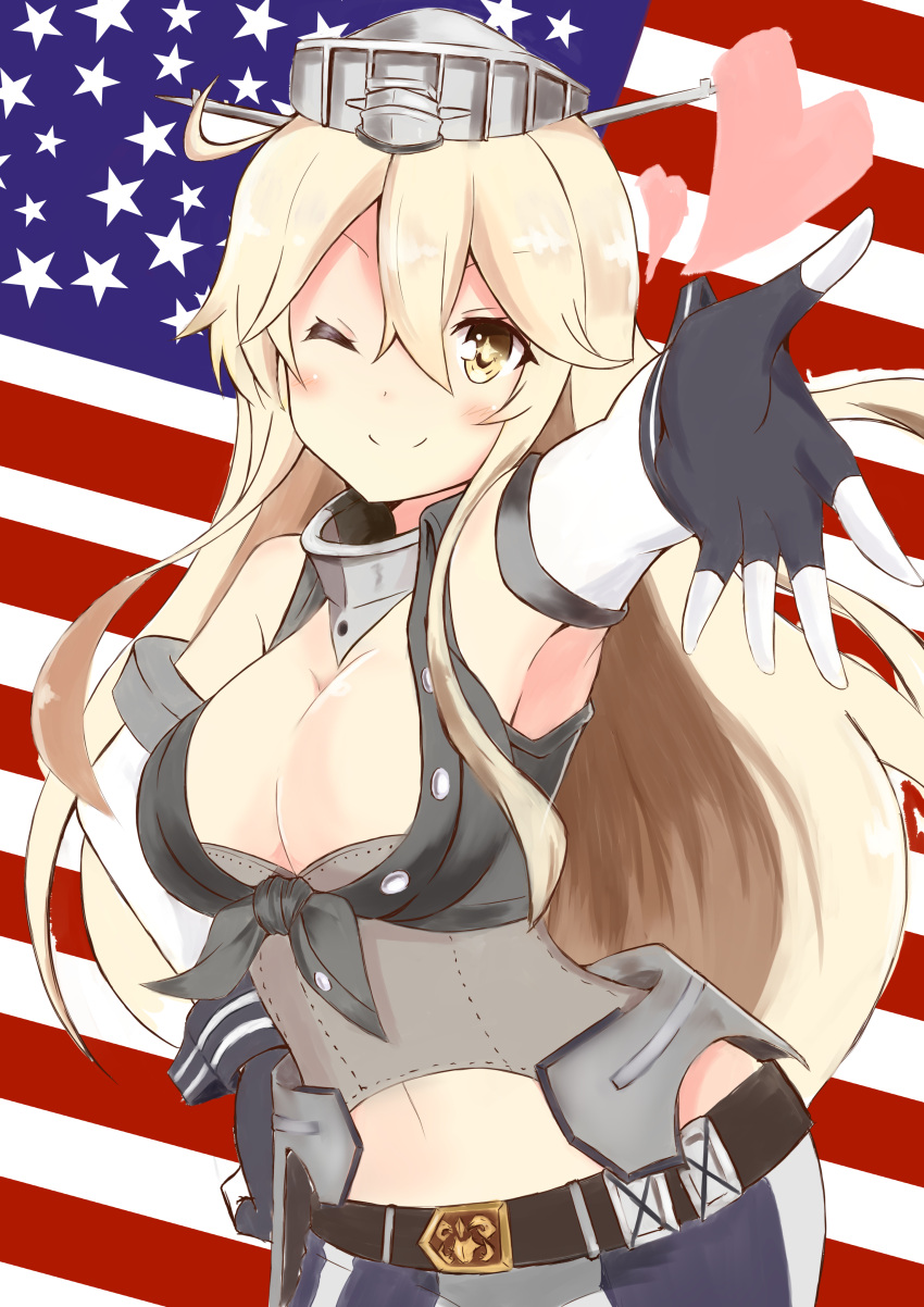 1girl absurdres american_flag belt blonde_hair blue_eyes breasts cleavage elbow_gloves front-tie_top gloves hand_on_hip headgear heart highres iowa_(kantai_collection) kantai_collection large_breasts long_hair looking_at_viewer midriff one_eye_closed outstretched_hand shibakame_(917narto8537) skirt smile solo star star-shaped_pupils symbol-shaped_pupils underbust white_gloves