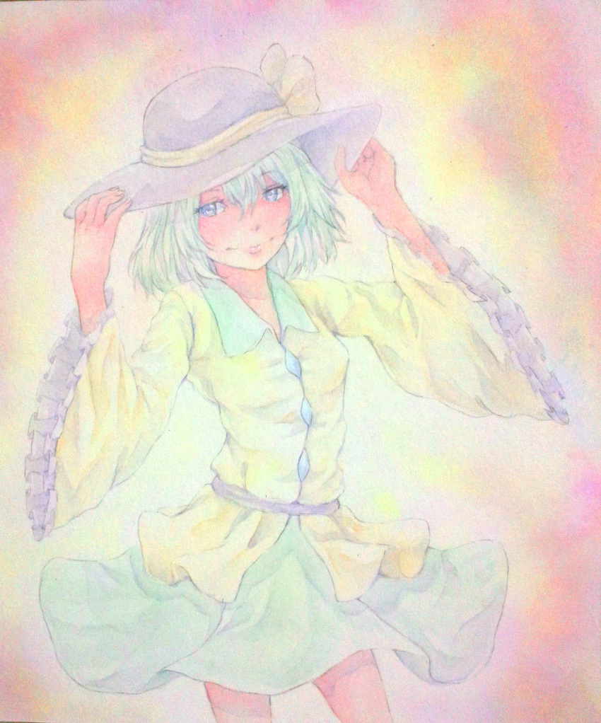 green_hair hat komeiji_koishi long_sleeves short_hair skirt touhou watercolor watercolor_(medium)