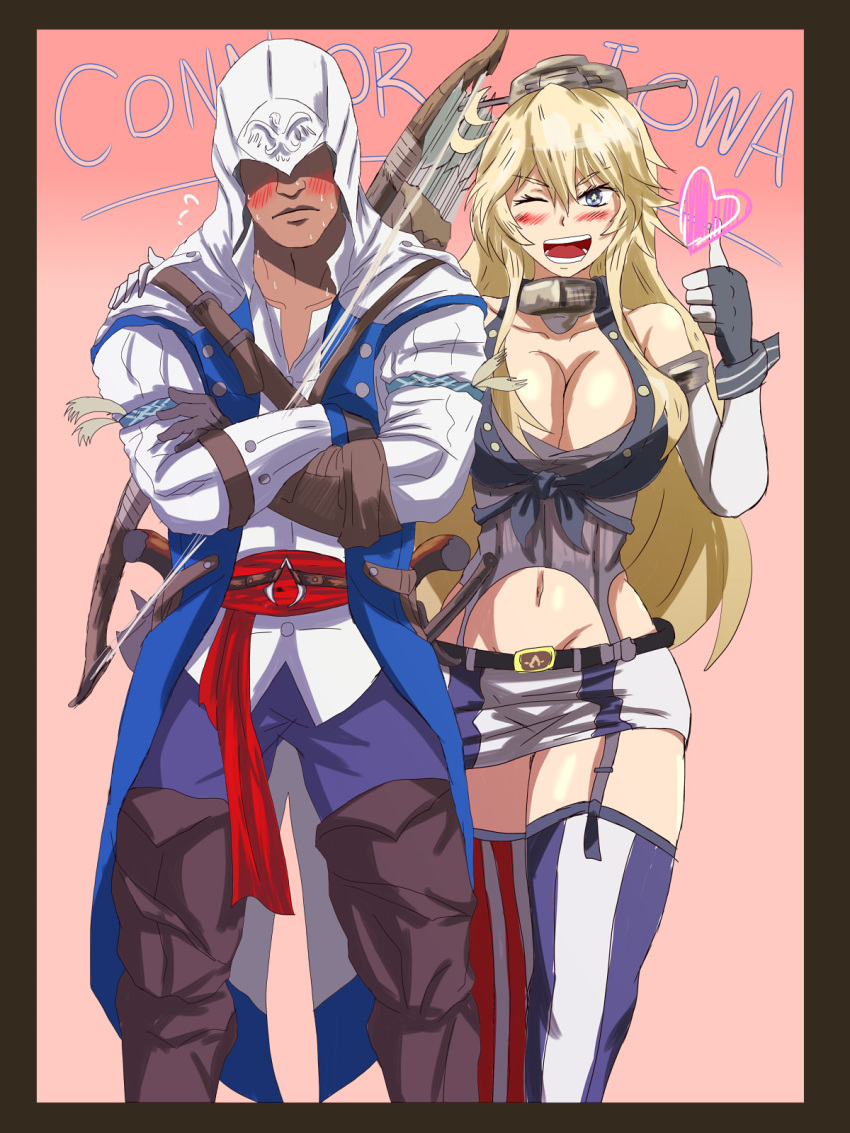 assassin's_creed_(series) blonde_hair blue_eyes blush breasts cleavage connor_kenway garter_straps gloves hat headgear highres iowa_(kantai_collection) kantai_collection long_hair miniskirt navel open_mouth pitcairn_meusel skirt smile star star-shaped_pupils symbol-shaped_pupils thigh-highs