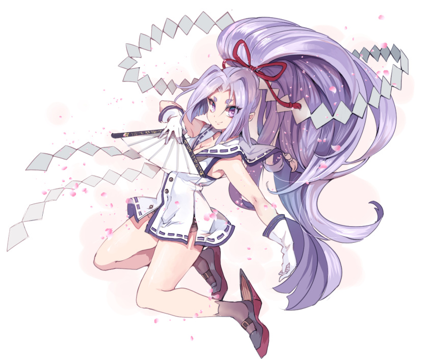 1girl black_legwear blush cis_(carcharias) dress eyebrows fan folding_fan gloves hair_ribbon hatsuharu_(kantai_collection) highres kantai_collection long_hair looking_at_viewer ponytail purple_hair remodel_(kantai_collection) ribbon sailor_dress short_eyebrows simple_background smile solo very_long_hair violet_eyes white_background