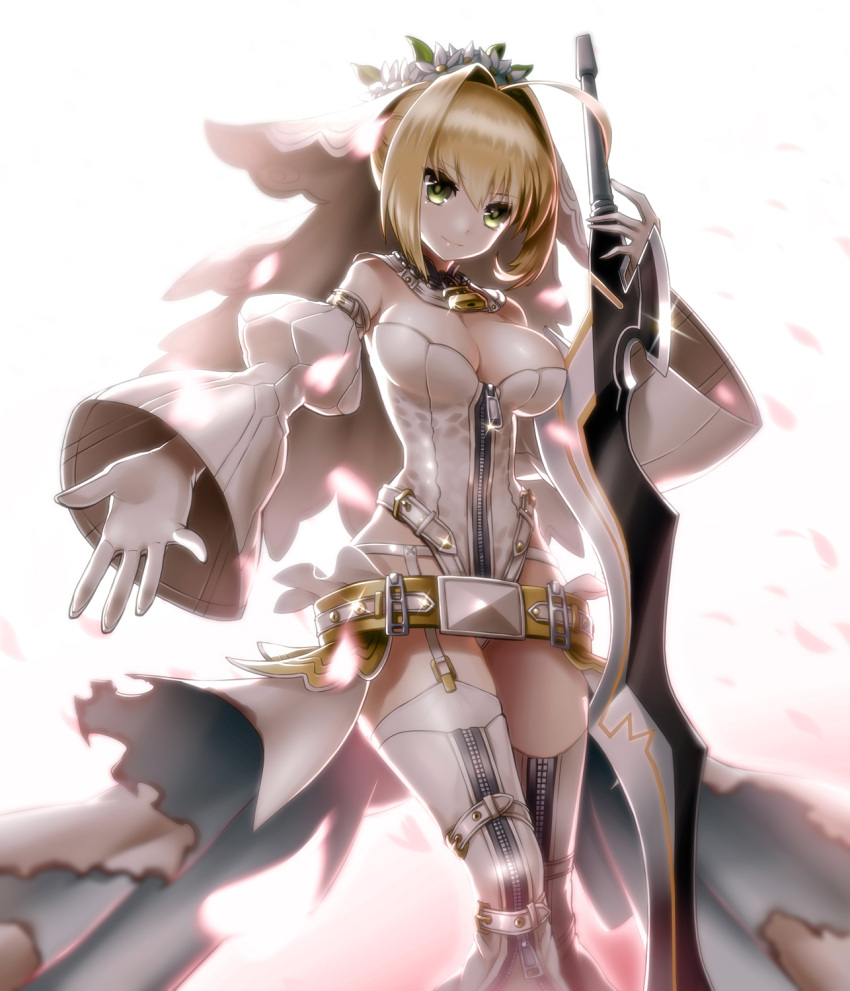 1girl ahoge belt blonde_hair blush boots breasts bridal_veil center_opening chain cleavage detached_sleeves fate/extra fate/extra_ccc fate/grand_order fate_(series) garter_straps gloves green_eyes highres holding_sword holding_weapon kurobuchi_numama large_breasts leotard lock long_hair looking_at_viewer outstretched_hand padlock revision saber_bride saber_extra smile solo sword thigh-highs thigh_boots veil weapon white_gloves white_legwear zipper