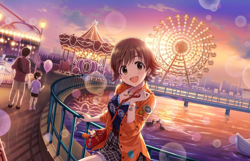 1girl :d animal artist_request bag balloon bangs belt bird blush boat bracelet brown_belt brown_eyes brown_hair carousel clothes_writing clouds collarbone duck earrings ferris_wheel honda_mio idolmaster idolmaster_cinderella_girls idolmaster_cinderella_girls_starlight_stage jewelry lamppost long_sleeves looking_at_viewer necklace official_art open_mouth orange_sky outdoors shirt short_hair shoulder_bag skirt sky smile solo swept_bangs water