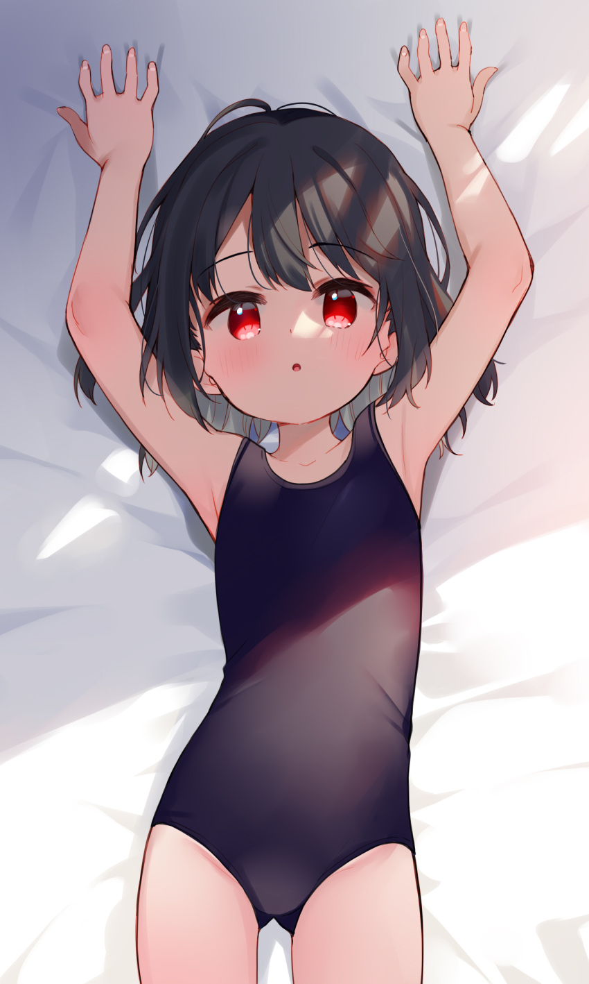 1girl :o absurdres armpits arms_up bed_sheet black_hair black_swimsuit child eyebrows_visible_through_hair highres looking_at_viewer lying meito_(maze) on_back one-piece_swimsuit original red_eyes short_hair solo swimsuit thighs