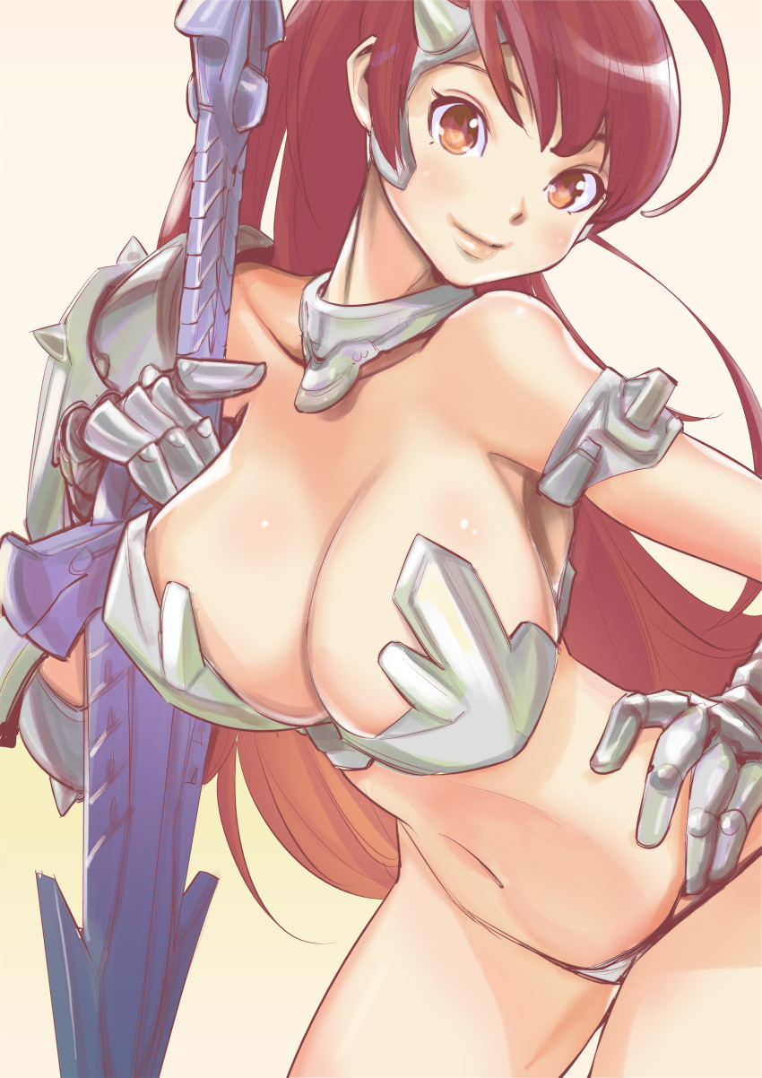 1girl absurdres armor armpits bare_shoulders bikini_armor breasts brown_eyes brown_hair dtym gauntlets hand_on_hip headgear highres large_breasts light_smile lips long_hair looking_at_viewer midriff original redhead revealing_clothes single_spaulder sword weapon