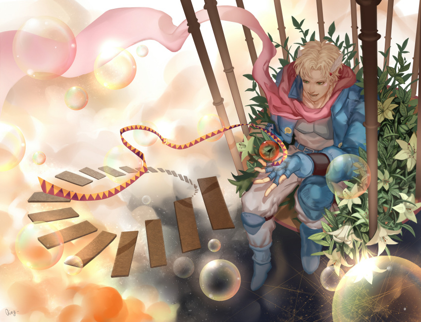 1boy absurdres artist_name blonde_hair blue_boots blue_gloves boots bubble caesar_anthonio_zeppeli clouds fingerless_gloves flower from_above gloves green_eyes highres jojo_no_kimyou_na_bouken knee_pads lily_(flower) male_focus open_mouth qing_heshang scarf signature sitting smile solo stairs winged_hair_ornament