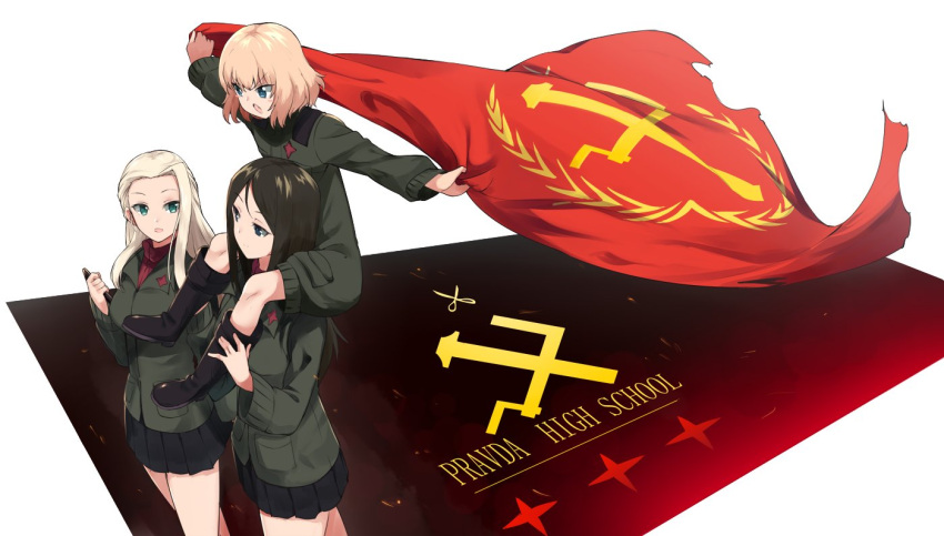3girls black_eyes black_hair blonde_hair blue_eyes boots carrying clara_(girls_und_panzer) english flag girls_und_panzer green_eyes holding katyusha multiple_girls nonna open_mouth outstretched_arms pleated_skirt school_uniform short_hair shoulder_carry skirt spread_arms touzai_(poppin_phl95) uniform