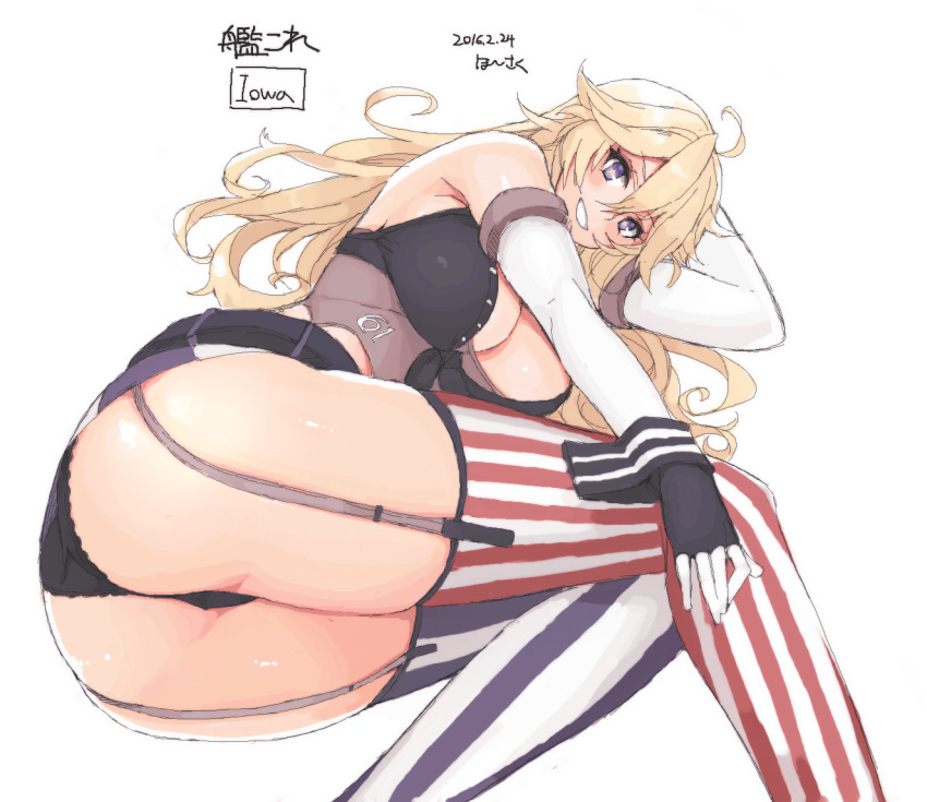 1girl ahoge angelo_(gomahangetsu) ass black_bra black_panties blonde_hair blue_eyes bra breasts character_name dated elbow_gloves fingerless_gloves garter_straps gloves grin iowa_(kantai_collection) kantai_collection large_breasts long_hair looking_at_viewer lying miniskirt on_side panties simple_background skirt smile solo star star-shaped_pupils symbol-shaped_pupils thigh-highs underwear white_background