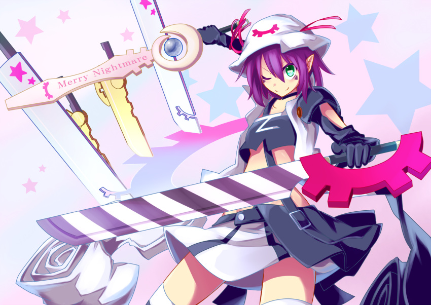 &gt;;) 1girl ;) adapted_object advent_cirno character_name creator_connection crop_top dual_wielding facial_mark gloves green_eyes hat hat_ribbon magarikado merry_nightmare midriff one_eye_closed parody pointy_ears purple_hair ribbon robe short_hair smile solo star starry_background sword weapon yumekui_merry