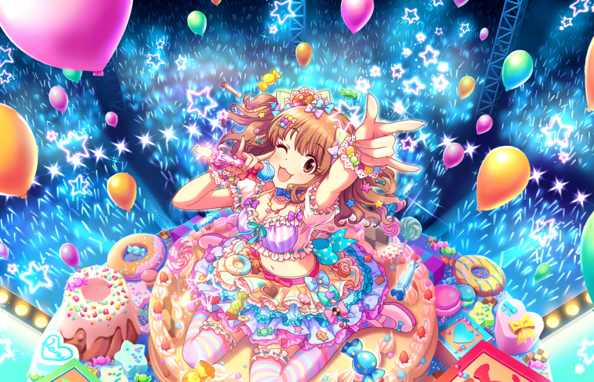1girl artist_request balloon blush breasts brown_eyes brown_hair choker cleavage collarbone food_themed_clothes hair_ornament holding_microphone idolmaster idolmaster_cinderella_girls idolmaster_cinderella_girls_starlight_stage jewelry layered_skirt long_hair looking_at_viewer midriff moroboshi_kirari navel necklace official_art open_mouth short_sleeves singing sitting smile solo stage_lights striped striped_legwear thigh-highs twintails wariza winking wristband