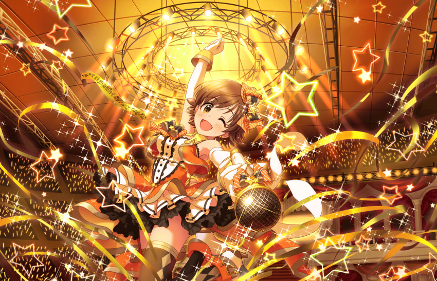 1girl ;d armpits artist_request asymmetric_gloves bangs bare_shoulders blush boots brown_eyes brown_hair diamond_legwear earrings hair_ornament high_heel_boots high_heels holding_microphone honda_mio idolmaster idolmaster_cinderella_girls idolmaster_cinderella_girls_starlight_stage jewelry jumping long_gloves looking_at_viewer official_art one_eye_closed open_mouth short_hair sleeveless smile solo stage_lights sweatdrop swept_bangs thigh-highs wrist_cuffs