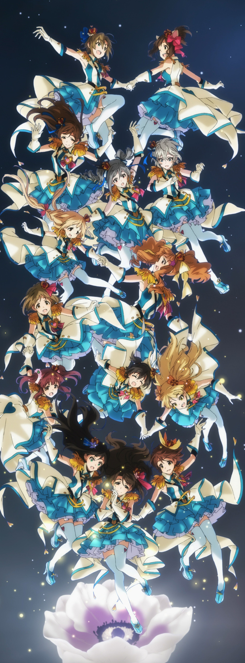 6+girls absurdres akagi_miria anastasia_(idolmaster) animal_ears black_hair blonde_hair blue_eyes brown_eyes brown_hair cat_ears crown crystal_night_party dress drill_hair epaulettes flower futaba_anzu gloves green_eyes hair_ornament headband headphones high_ponytail highres holding_hands honda_mio idolmaster idolmaster_cinderella_girls jougasaki_rika kanzaki_ranko long_hair low_twintails maekawa_miku mimura_kanako mini_crown moroboshi_kirari multiple_girls nitta_minami official_art ogata_chieri one_eye_closed open_mouth over_shoulder ponytail shibuya_rin shimamura_uzuki shine!! short_hair silver_hair smile tada_riina thigh-highs twin_drills twintails two_side_up