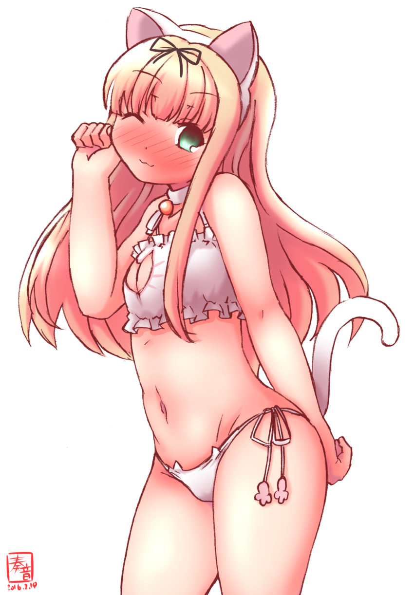 1girl :3 ;3 animal_ears arm_behind_back bare_shoulders bell bell_choker bell_collar black_ribbon blonde_hair blush bra cat_cutout cat_ear_panties cat_ears cat_lingerie cat_tail choker cleavage_cutout collar dated fake_animal_ears fake_tail from_side green_eyes hair_ribbon highres kanon_(kurogane_knights) kantai_collection long_hair looking_at_viewer looking_to_the_side navel panties paw_pose ribbon side-tie_panties simple_background solo stomach tail underwear underwear_only white_background white_bra white_panties yuudachi_(kantai_collection)