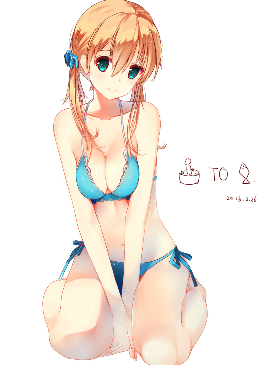 1girl aqua_eyes between_legs bikini blonde_hair blue_bikini blush breasts cleavage commentary_request gin00 hands_together highres kantai_collection long_hair looking_at_viewer low_twintails navel prinz_eugen_(kantai_collection) scrunchie seiza side-tie_bikini simple_background sitting smile solo swimsuit twintails v_arms