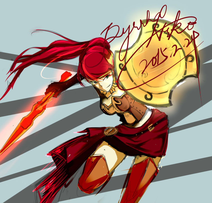 1girl argentate_ragazzo belt black_gloves breastplate buckle character_name dated gloves glowing glowing_weapon gorget greaves green_eyes highres leg_armor long_hair ponytail pyrrha_nikos redhead rwby sarong shield sketch solo sword weapon xiphos_(sword)