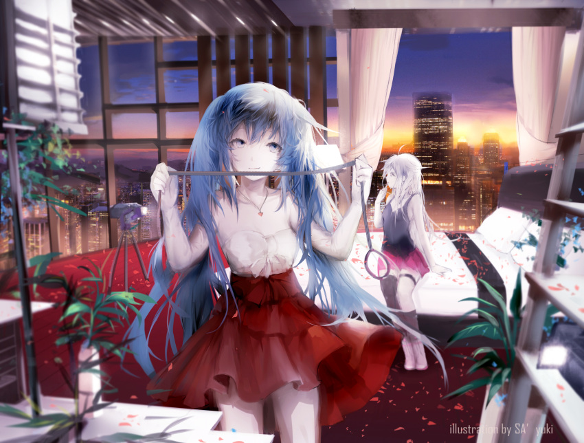 2girls artist_name bed blue_eyes blue_hair city hatsune_miku highres ia_(vocaloid) jewelry long_hair looking_at_viewer multiple_girls necklace petals plant potted_plant sa'yuki sitting skirt smirk thigh-highs twintails very_long_hair vocaloid white_hair window